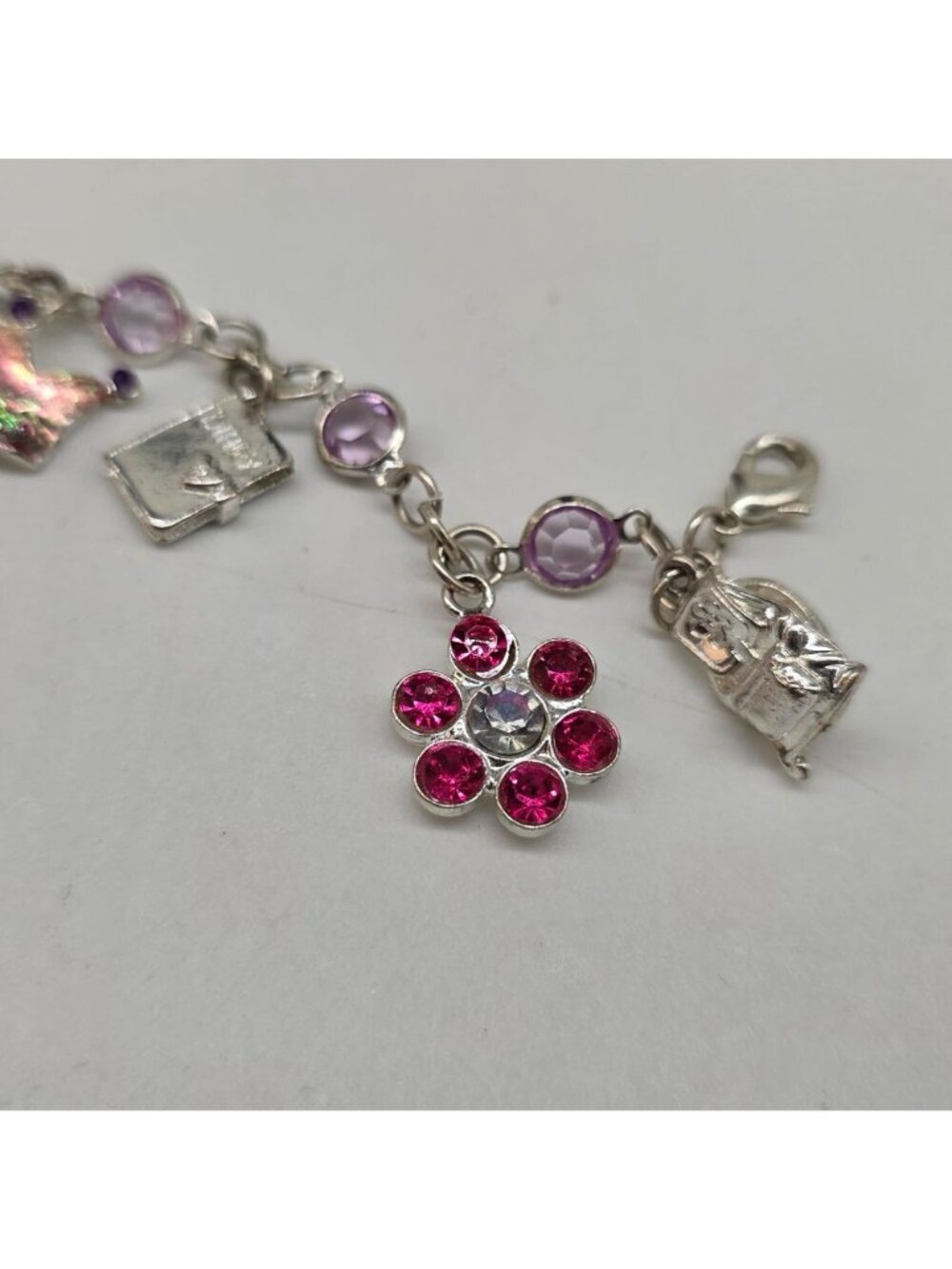 Princess-Themed Charms Bracelet Silver Tone With Pink & Purple Stones & - Picture 8 of 11